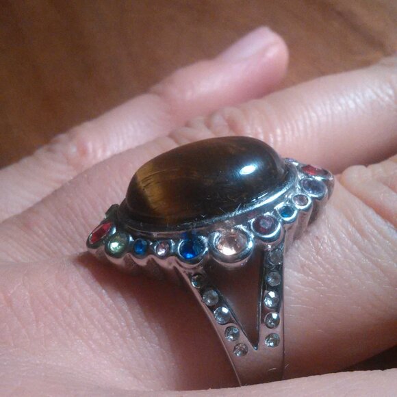 Tiger's Eye and Austrian Crystal Stainless Steel Ring (Size 9) - Picture 8 of 16